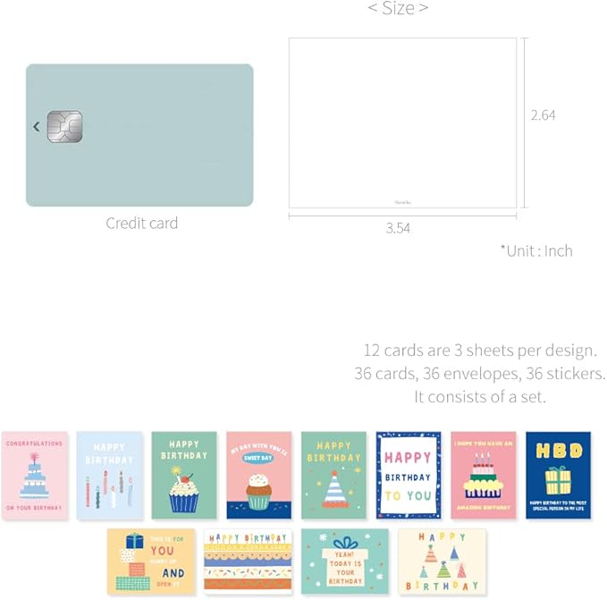 Monolike Day-by-day Card, Pop pop birthday Ver.1 - Mix 36 Mini Single cards, 36 envelopes, 36 stickers Package