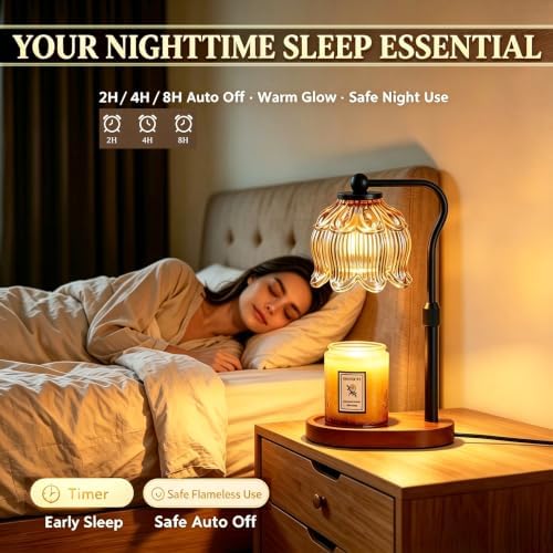 Briever Flower Candle Warmer Lamp, Adjustable Height Electric Candle Lamp with Timer & Dimmer, Wooden Base Wax Warmer, Christmas Birthday Housewarming Gifts for Women Mom, Walnut-Champagne - Image 4
