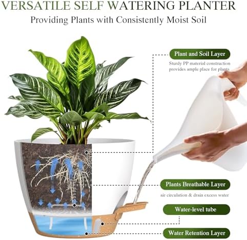 Self Watering Pots with Drainage Holes, 3 Pack 12/10/8 Inch Plant Pots with Water Level Indicator Deep Reservoir, Large Plastic Planter for Indoor Outdoor Plants - White Brown - Image 3