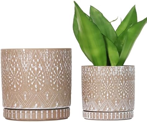8 Inch + 6 Inch Plant Pot with Drainage Holes and Saucers, Indoor Ceramic Planter for Plants Succulent Orchid Flower Pots by YFFSRJDJ