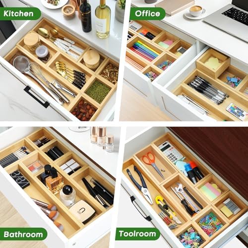 MapleGrace Bamboo Drawer Organizer Set, 9 PCS Wood Storage Organizers - Image 5