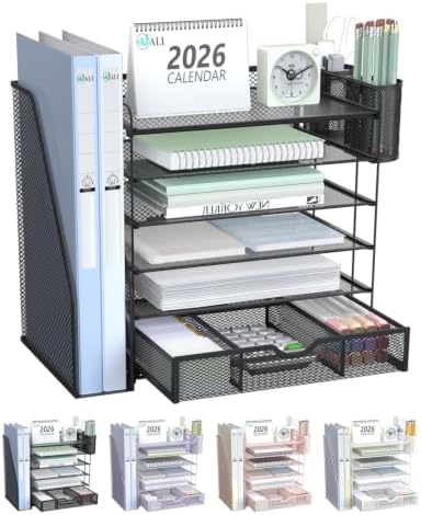 WALI Desk File Organizer, 6 Tier Desktop Paper Letter Tray Organizer with Drawer and 2 Pen Holders, Office Desk Accessories & Workspace Organizers for Office, Home Supplies(DO007DH-B), 1 Pack, Black by WALI