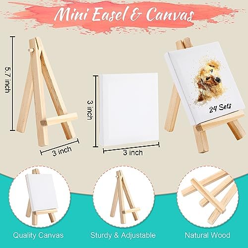 Zhengmy 24 Sets Mini Canvas Easel Kit Art Party Favors Wood Stand Palette - Image 4