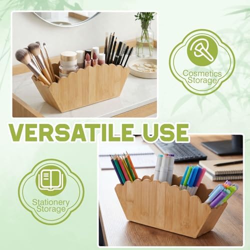 Jetec Scalloped Bamboo Pencil Holder, 4 Compartment Wooden Desk Organizer - Image 6