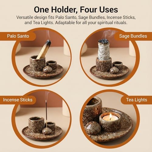Palo Santo Sticks Holder, Multi-Purpose Handmade Ceramic Incense Burner for Palo Santo Incense Sticks, Sage Holder for Burning, Ash Catcher Tray for Meditation Yoga Room-Brown White - Image 3