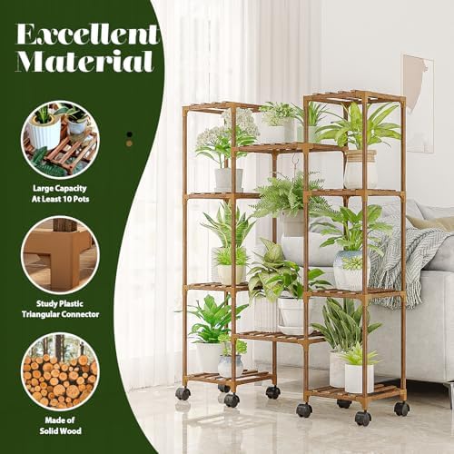 GENTINGBRO Plant Stand with Wheels Outdoor Indoor Hanging Plant Shelf for Multiple Plants Tall Large Holder for Living Room Patio Balcony Garden Corner Mobile - Image 3