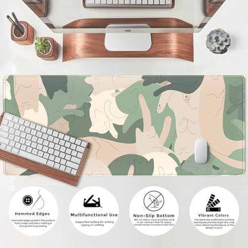 Green Simple Cat Desk Mat Sleeping Cute Long Cool Mouse Pad for Laptop Gaming Computer Keyboard Pad Office Decor Desk Pads Accessories On Top of Desks Office Supplies Mat (31.5x11.8In) Stitched Eges - Image 5