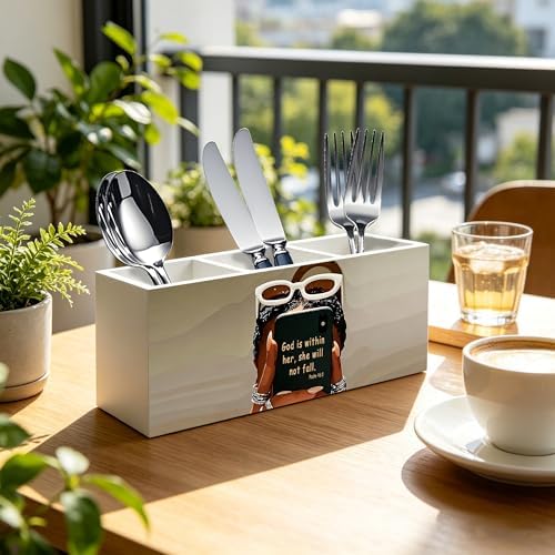 Inspirational Christian Black Girl Woman Makeup Brush Toothbrush Holder, African American Gifts, God is Within Her Bible Verse Wood Signs Pen Pencil Holder Organizer Desk Accessories - Image 2