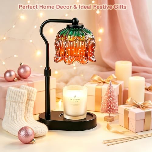Briever Flower Candle Warmer Lamp, Adjustable Height Electric Candle Lamp with Timer & Dimmer, Wooden Base Wax Warmer, Christmas Birthday Housewarming Gifts for Women Mom, Black-Strawberry - Image 7