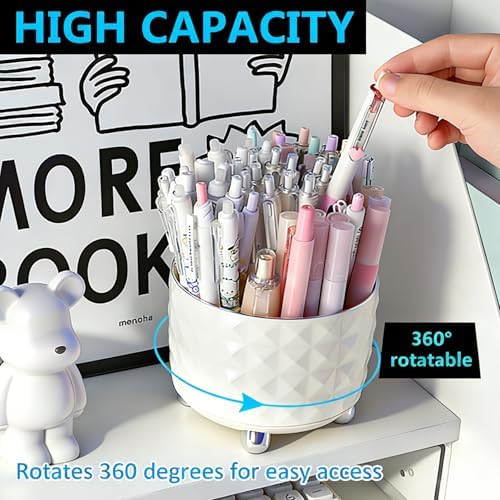 GOTOBA 360° Rotating Pencil Holder for Desk, Makeup Brush Holder with 6 Slots, Desk Organizer for Writing Utensil, Office and School Supplies (Milky White) - Image 2
