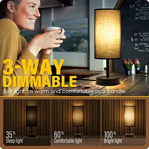 Yarra-Decor Bedside Lamp with USB Port - Touch Control Table Lamp for Bedroom 3 Way Dimmable Nightstand Lamp with Round Black Fabric Shade for Living Room, Dorm, Home Office (LED Bulb Included) - Image 2