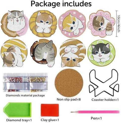 TCDZMYGS 8 Pcs Cute Cat Diamond Art Painting Coasters Kits, Cat Coaster with Holder for Adults, Non-Slip DIY Dot Paint Craft Kits, 5D Full Drill DIY Diamond Dot Gem Art Kit Home Decor Arts Craft - Image 3