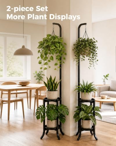 Bamworld Tall Plant Shelf Outdoor Space-Saving Metal Plant Holder Black(2PCS) - Image 3