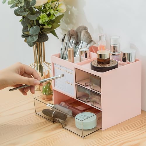 QIYVLOS Multi-Functional Desk Organizer with 3 Drawer and 8 Compartments, Pink - Image 5
