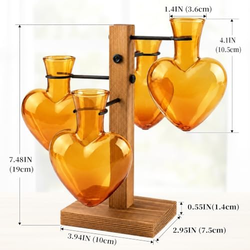 Plant Terrarium Propagation Station with 4 Heart Glass Vases - Amber - Image 2