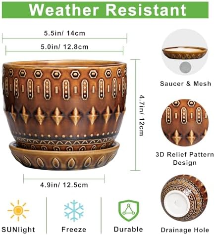 G EPGardening 5.5 Inch Plant Pot - Ceramic Planter for Indoor Outdoor Plants, Boho Round Indoor Flower Pot with Drainage Hole and Saucer, Housewarming Gifts, Garden Home Room Decor, Brown - Image 3