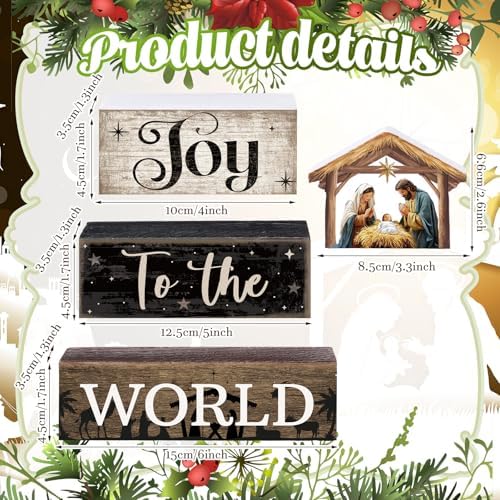 Moucuny 4 Pcs Christmas Table Decoratons, Christian Joy to The World Signs - Image 3