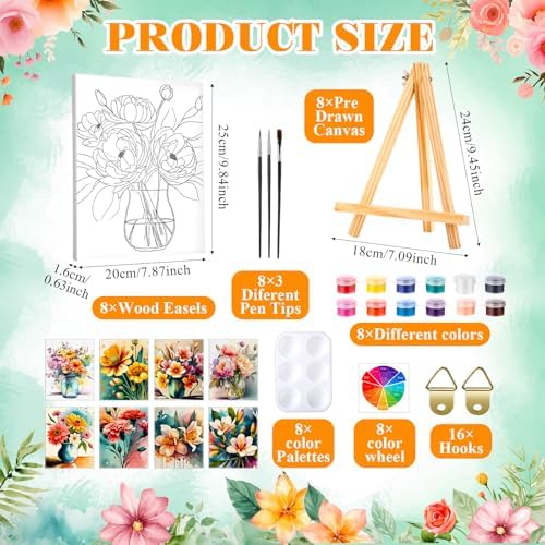 Humyoun 8 Sets 8" x 10" Flower Pre Drawn Canvas to Paint for Sip and Paint Party Floral Predrawn Coloring Set Pre Sketched Canvas Boards with Paints and Brushes for Adult - Image 2