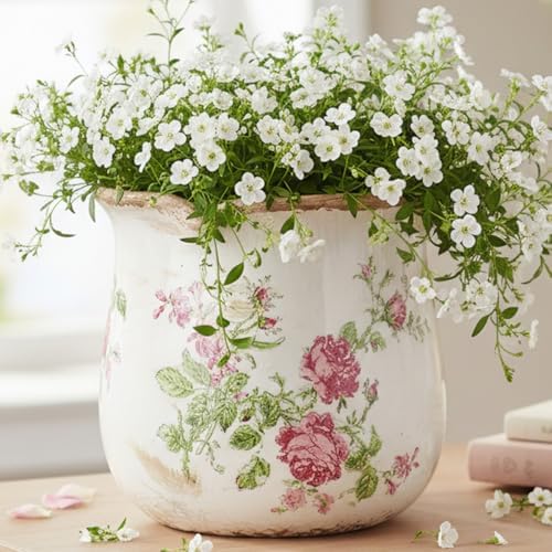 Xiaan Jiaju Shabby Chic Flower Pot, 6.11 Inch Ceramic Planter with Drainage for Indoor Plants, Vintage Ceramic Vase, Country Chic Spring Garden Home Decor, Pink Rose Floral - Image 4
