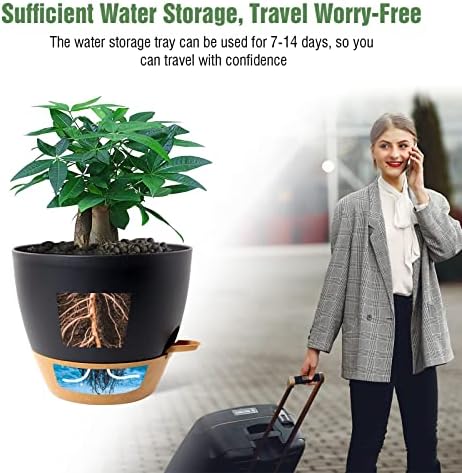 UOUZ 12 inch Large Self Watering Pots, Plastic Planters with 60oZ Removable Deep Reservoir and Multi Mesh Drainage Holes for Indoor Outdoor Garden Plants and Flowers, Black with Brown - Image 5