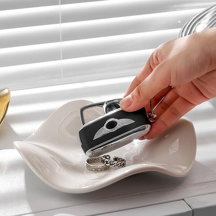 Jewelry Tray Ring Dish Ceramic Trinket Tray Key Tray Flower Wave Shape Birthday Party Wedding Home Decor for Entryway Table Livingroom dresser (Glossy White) by Siehpa3