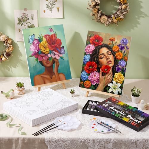 Cholemy 99 Pcs 16 Set Sip and Paint Kit for Adults 8"x 10" Pre Drawn Canvas Painting with Wooden Easel Pre Printed Canvas Painting Favor for DIY Birthday Gifts Adult's Date Party(Charming Lady) - Image 5