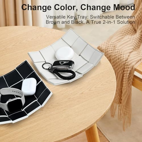 PU Leather Valet Tray for Men Women Key Holder Bowl for Entryway Table Bedside Nightstand Desk Tray for Wallet, Keys Men's Gift - Small, 7.1" D x 7.1" W x 2" H - Image 2
