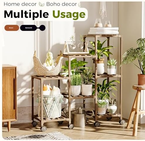Bamworld Plant Stand with Wheels for Indoor Plants Wood Outdoor Tiered Shelf 3 Tire 7 Potted Ladder Plant Holder Table Pot Stand for Window Garden Balcony Patio Living Room (natureDL) - Image 3