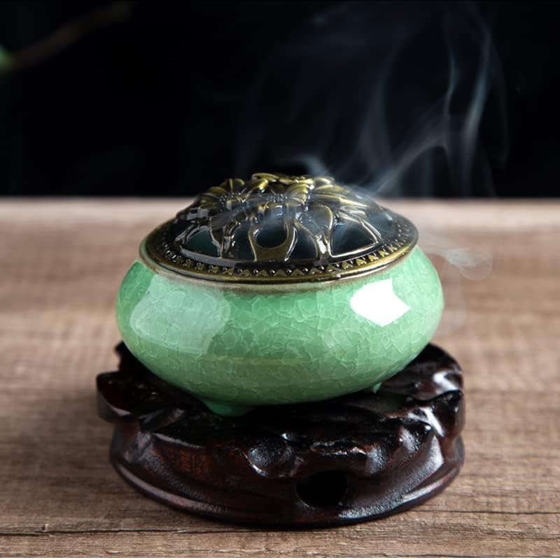 Colorful Ceramic Ice Cracked Incense Burner, Household Incense Holder, Zen Buddha Cone Coil Stick Incense Base with Cover (Green) - Image 3
