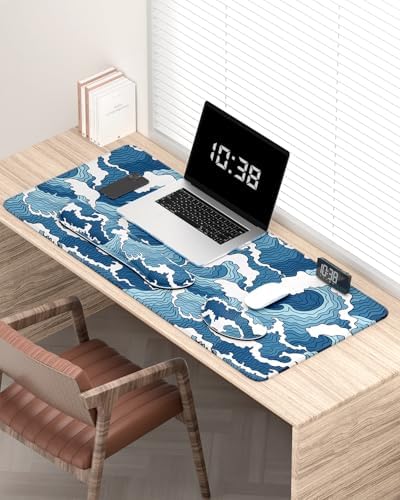 Auhoahsil Large Mouse Pad with Wrist Rests for Keyboard & Mouse, Thick Soft Ergonomic Memory Foam Wrist Supports, Big & Long Desk Mat 35.5 x 15.7 in, for Office Gaming Computer, Blue Wave - Image 2