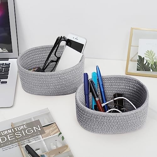 【2 Pack】ABenkle Small Woven Baskets, Tiny Oval Shallow Storage Baskets, Mini Cotton Rope Empty Decorative Basket, Boho Little Organizer Bins for Bathroom, Cat Dog Toy Gifts Baskets - Image 5