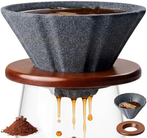 Reusable Coffee Filter, Ceramic Tea Strainer Compatible for Most Cups, Best Coffee Maker and Bar Accessories, with Bamboo Stand by JDZHLN