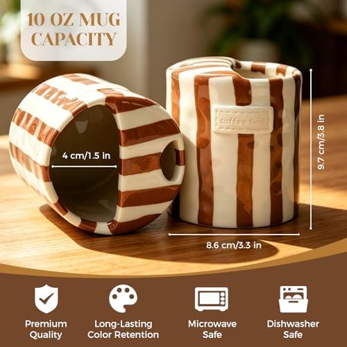 Ceramic Coffee Mug Novelty Ceramic Travel Mug Cute Espresso Cups To Go Anthropologie Latte Cups Aesthetic Brown Pottery Mugs With Sip Hole 10oz Clay Striped Vintage Handmade Coffee Cup for Home - Image 6