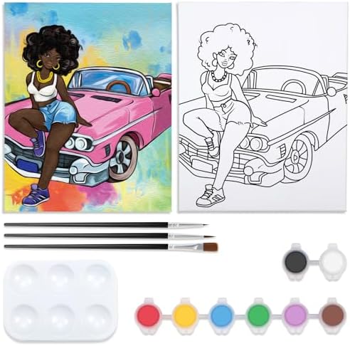 Nuberlic Canvas Painting Kit Pre Drawn Canvas for Painting Cool Lady Afro Girl with Car Painting Kit DIY Adult Sip and Paint Party Girl Night Favor 8x10 inches by Nuberlic