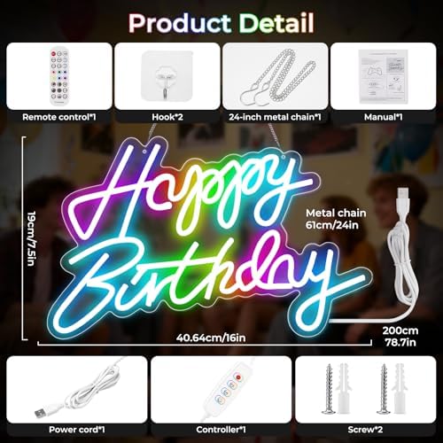 Happy Birthday Neon Sign for Wall Decor, RGB Led Neon Dimmable - Image 6