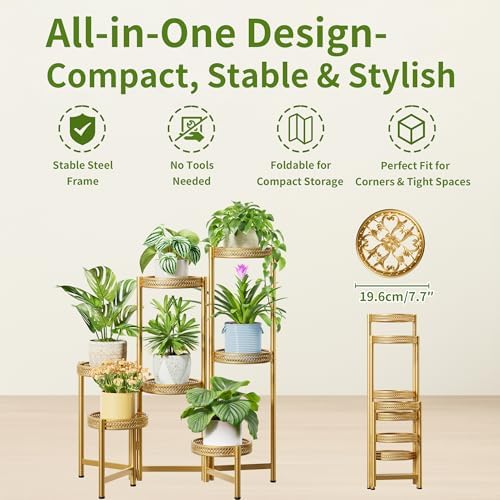 7 Tiered Metal Corner Plant Stand Indoor Outdoor, Tall Large Folding Rack with Rust Proof 10 Inch Wide Tray, Heavy Duty Flower Shelf for Multiple Plants for Patio - GoldWave - Image 5