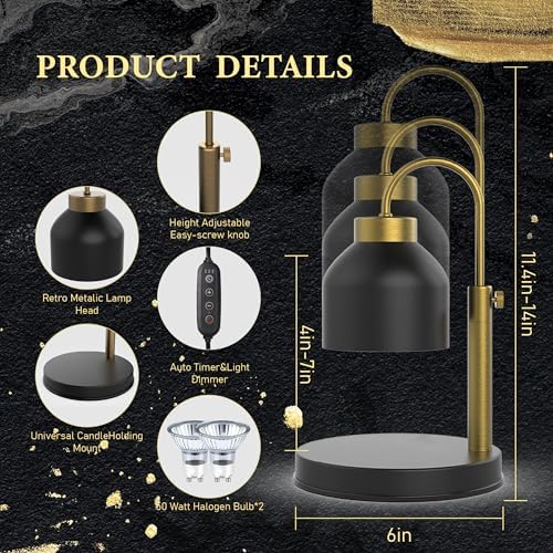 AIKUT Candle Warmer Lamp, 2 Bulbs, Timer & Dimmer, Height Adjustable, Compatible with Large Yankee Candle Jars, 3 Wick Candles, 110-120v, Black - Image 2