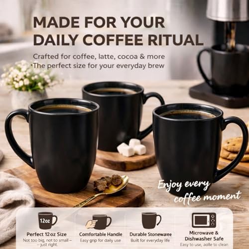 AmorArc 12 oz Coffee Mugs Set of 6, Ceramic Matte Black Coffee Cups Set - Image 3