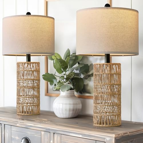 OYEARS 22.5" Boho Table Lamps Set of 2 for Living Room, Bedside Lamp for Nightstands, Rattan Lamp for Bedroom, Farmhouse Table Lamp for Room Decor, End Table, Retro, Brown（Not Include Bulbs） by OYEARS