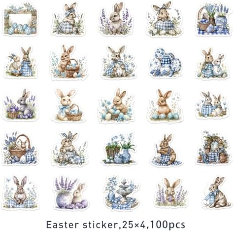 100 Pcs Easter Bunny Stickers - Watercolor Rabbit & Blue Gingham Pattern, 100 Piece Set for Easter Basket Stuffers, Party Favors, Crafts & Spring Decorations - Image 6