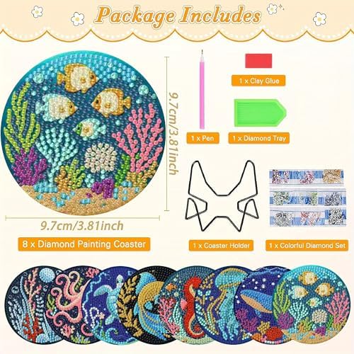 Clendo 8 Pcs Ocean Diamond Art Coasters Kits - Animals Diamond Painting Coasters Kit with Holder Cork Pads, DIY 5D Small Mini Diamonds Dots Kit Full Drill Art Craft Supplies 4X4 - Image 3