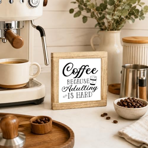 Funny Coffee Sign, Coffee Because Adulting Is Hard Wooden Plaque, Rustic Kitchen Counter Decor, Farmhouse Coffee Station Shelf Accent For Office Desk Cafe Corner, 5.9 x 5.9 in - Image 4