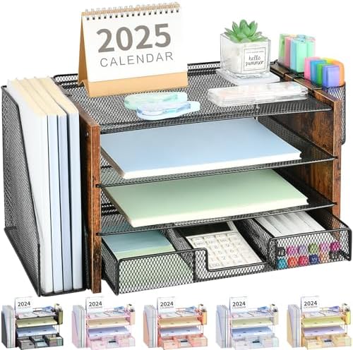 OPNICE Desk Organizer, 4-Tier Desktop File Organizer with Drawer and Pen Holders, Office Desk Accessories, File Sorters, Workspace Organizers for Office Supplies(Brown Wood) by OPNICE