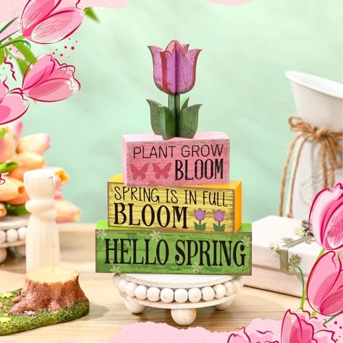 Moucuny 4 Pcs Spring Wood Block Signs Tiered Tray Decor Farmhouse Table - Image 5