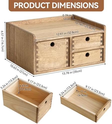 KIRIGEN Wooden Desk Organizer with 3 Drawers and Top Tray, Brown DT1D3C-DBR - Image 2
