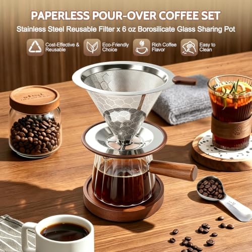 6oz Pour Over Coffee Maker Reusable Pour Over Coffee Dripper Set Glass Coffee Maker Espresso Cup Set Scoop Wood Coasters Cleaning Brush Cleaning Cloth - Image 5