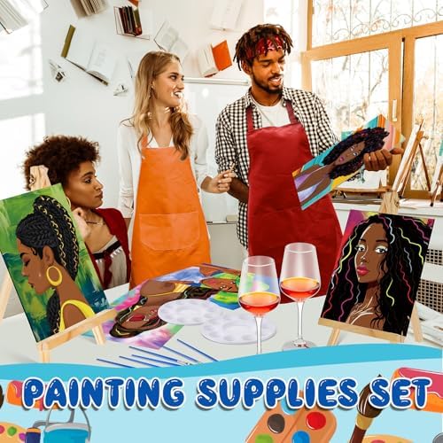 Affrolling 141 Pcs 6 Sets Afro Girl Paint and Sip Kit for Adults Pre Drawn Canvas Painting Set Valentine's Day Stretch Canvas Kit(Afro Girl) - Image 4