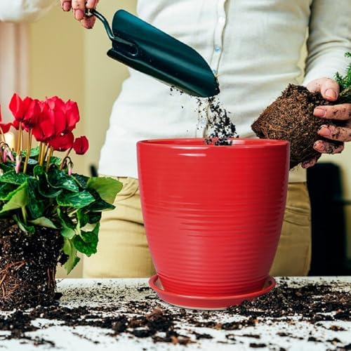 Ceramic Planter 10 Inch - Ceramic Pot for Plants Large Plant Pot Indoor with Drainage Hole and Saucer Round Outdoor Planter Modern Flower Pot for Garden House Red - Image 4