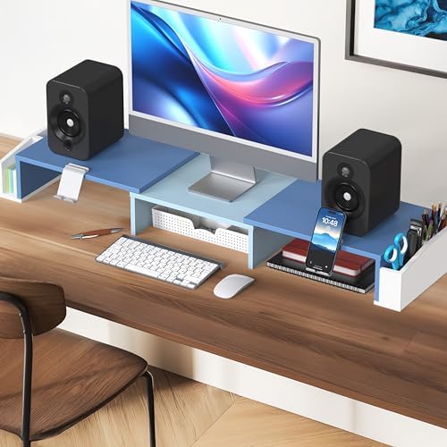 Simple Houseware Desk Dual Monitor Stand Riser with Drawer, Blue - Image 5