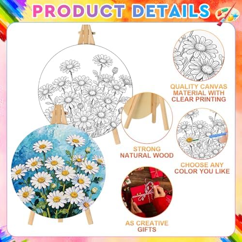 Supervitae 72 Piece Vintage Flowers Round Pre Drawn Canvas Kit 8" Paint and Sip Kit for Adults Painting Party Pre Printed Canvas DIY with Pictures Paints Easels Brushes for Party Gifts - Image 3